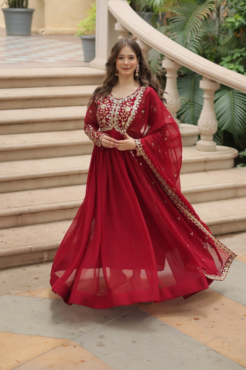 Faux Blooming with Multi-Sequins and Zari Embroidered Work Gown with Dupatta