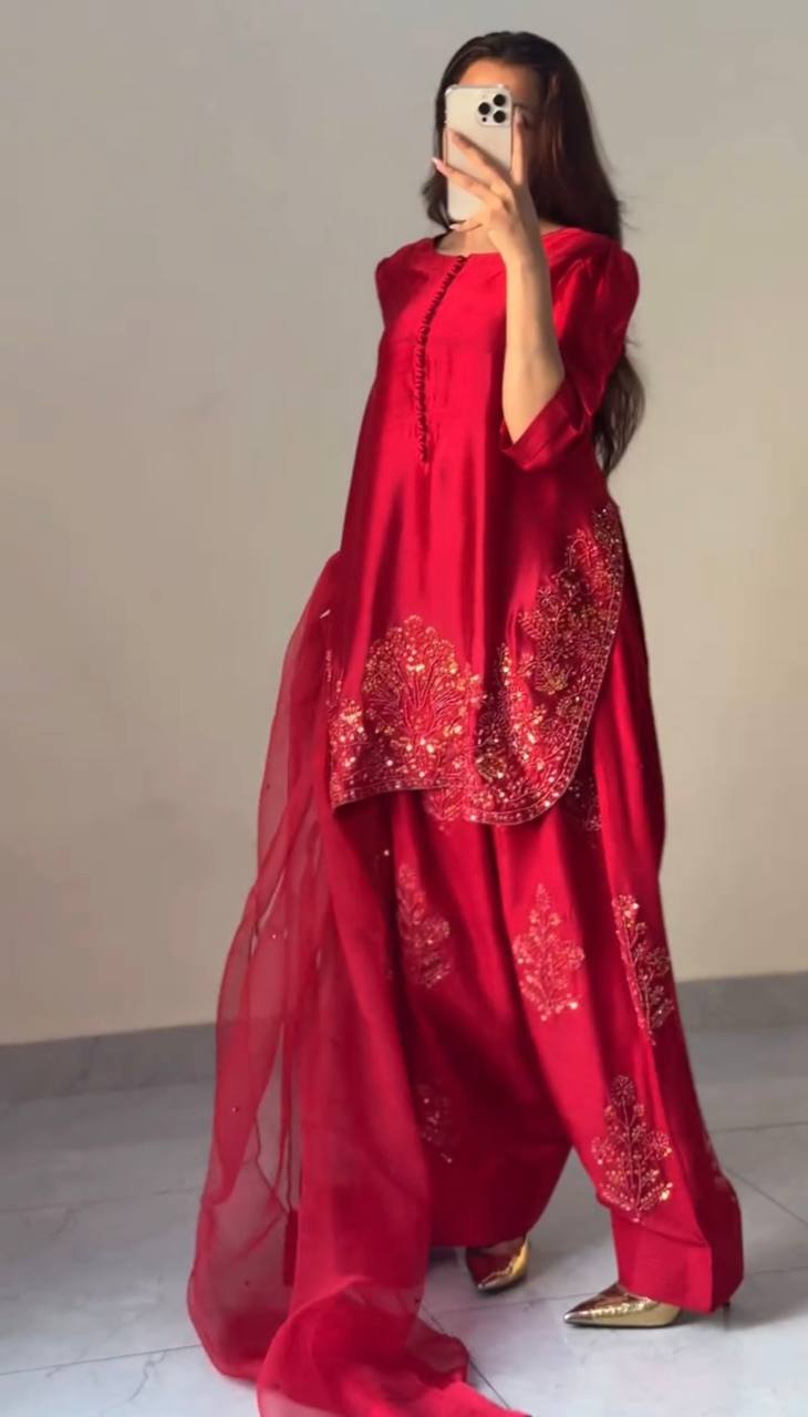 Designer Collection – Natural Crepe Silk Top, Farshi Pant & Dupatta Set