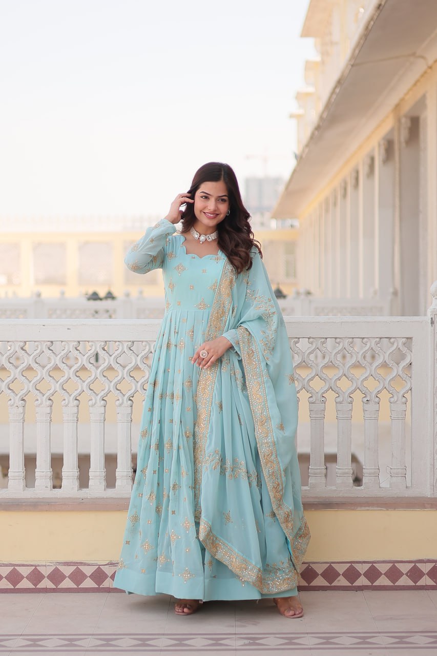 Handwork beautiful full flared anarkali gown with dupatta sets