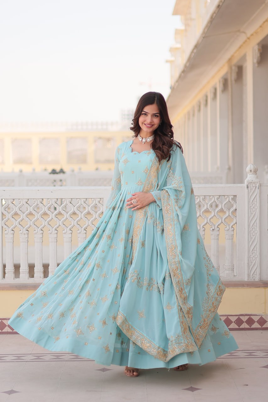 Handwork beautiful full flared anarkali gown with dupatta sets