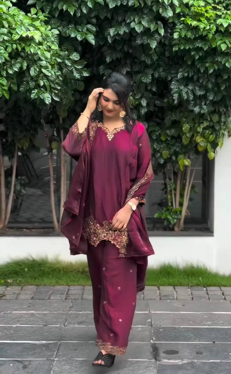 Latest designer silk hand embroidered short kurta palazzo with dupatta sets
