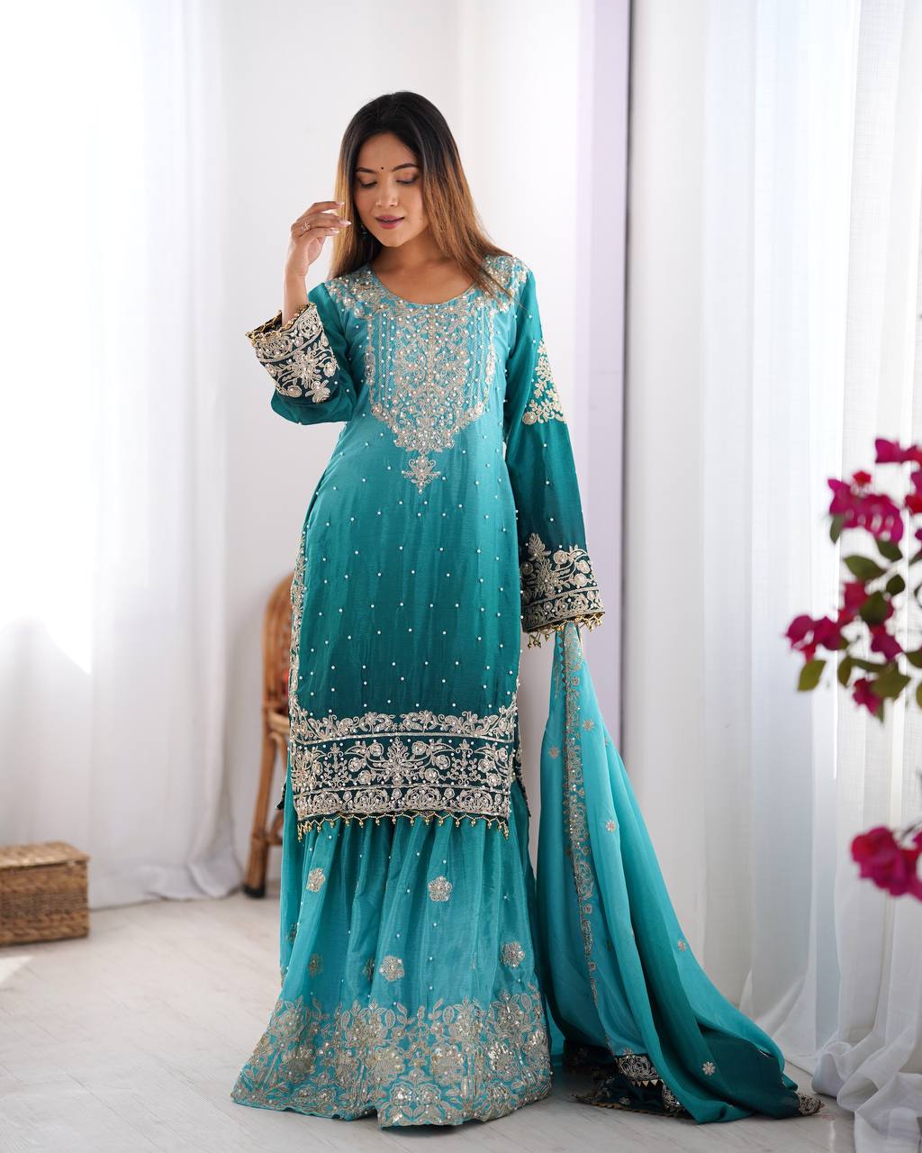 Codeing Dori with Sequnce with Rivet Moti Kurta Sharara Set