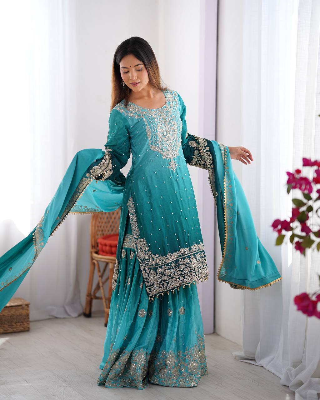 Codeing Dori with Sequnce with Rivet Moti Kurta Sharara Set