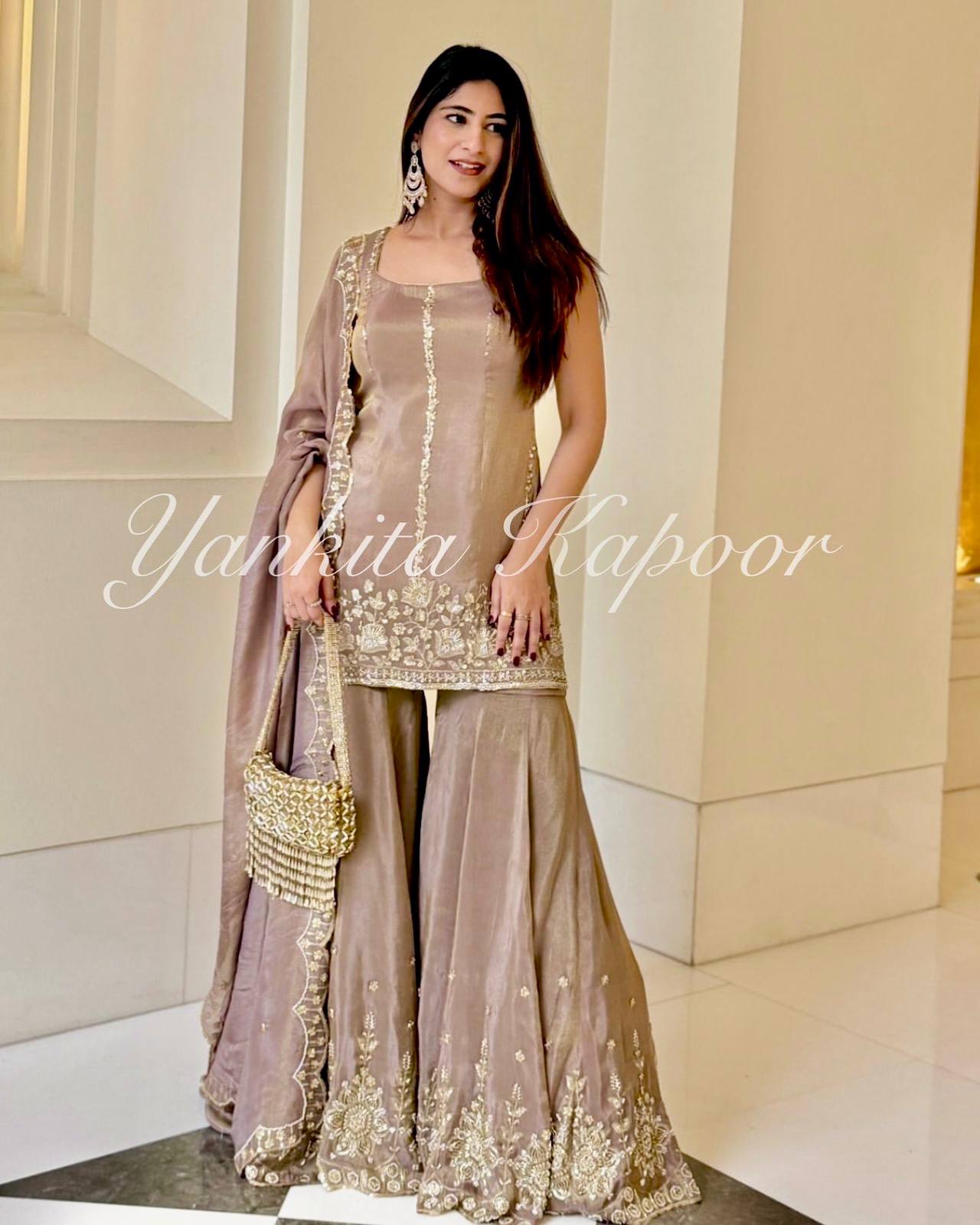 Heavy Chinon Silk Embroidered Top & Sharara Set with Dupatta