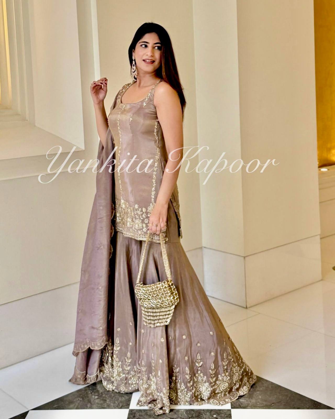 Heavy Chinon Silk Embroidered Top & Sharara Set with Dupatta