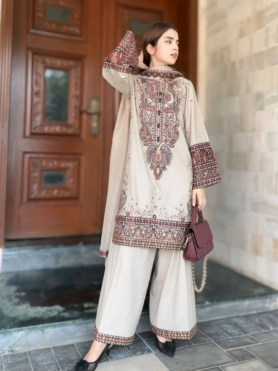 Pakistani  Roman Silk Palazzo Set with Embroidered georgette Dupatta