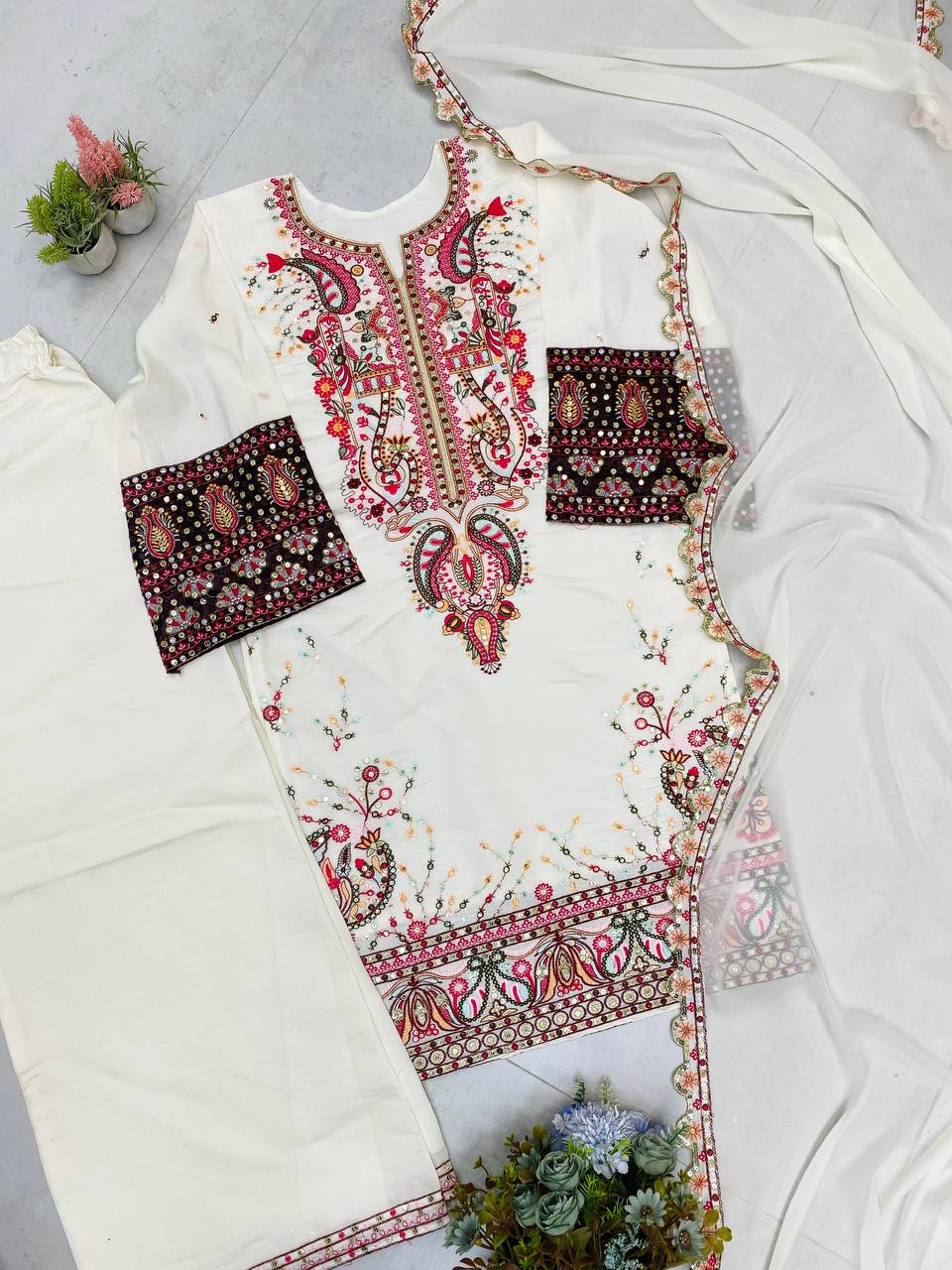 Pakistani  Roman Silk Palazzo Set with Embroidered georgette Dupatta