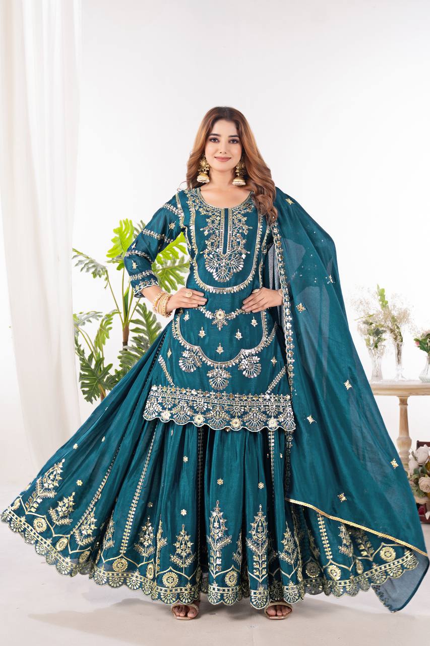 Wedding wear chinnon silk kurta and flared palazzo with dupatta sets