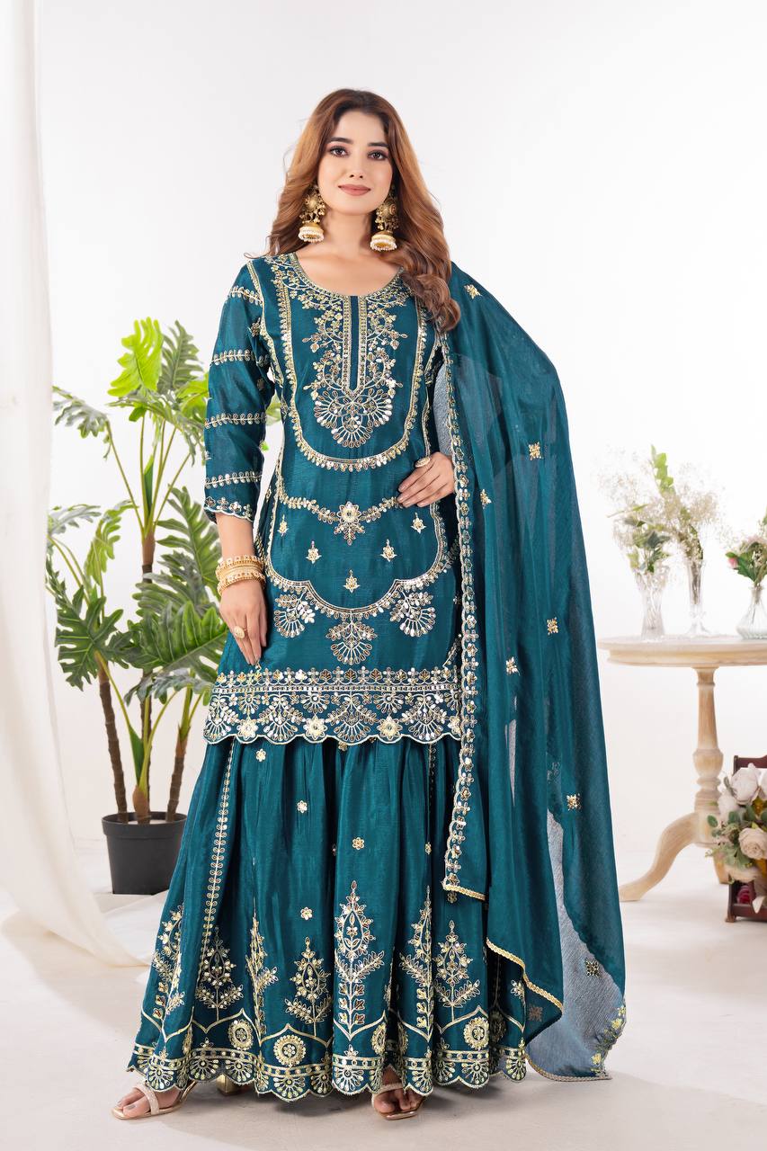 Wedding wear chinnon silk kurta and flared palazzo with dupatta sets