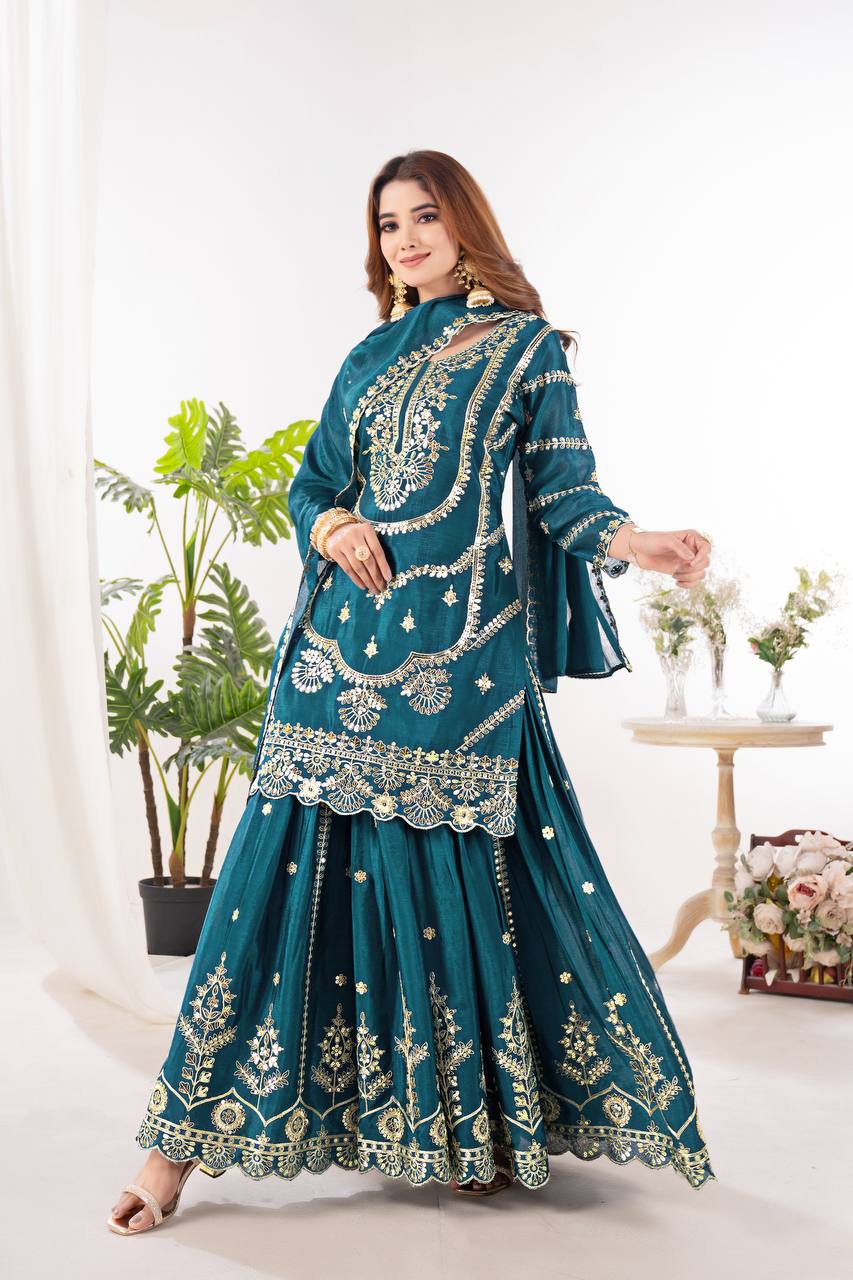 Wedding wear chinnon silk kurta and flared palazzo with dupatta sets