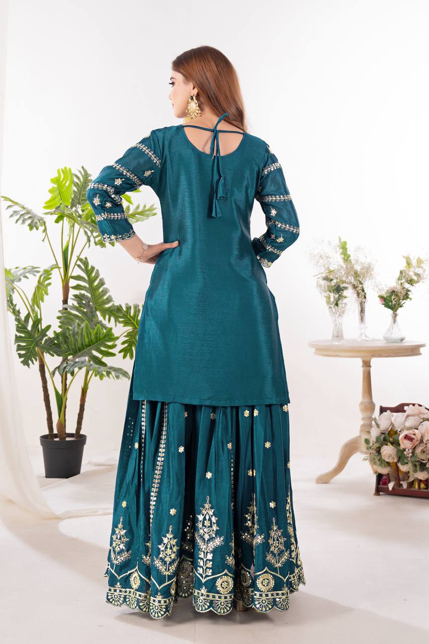 Wedding wear chinnon silk kurta and flared palazzo with dupatta sets