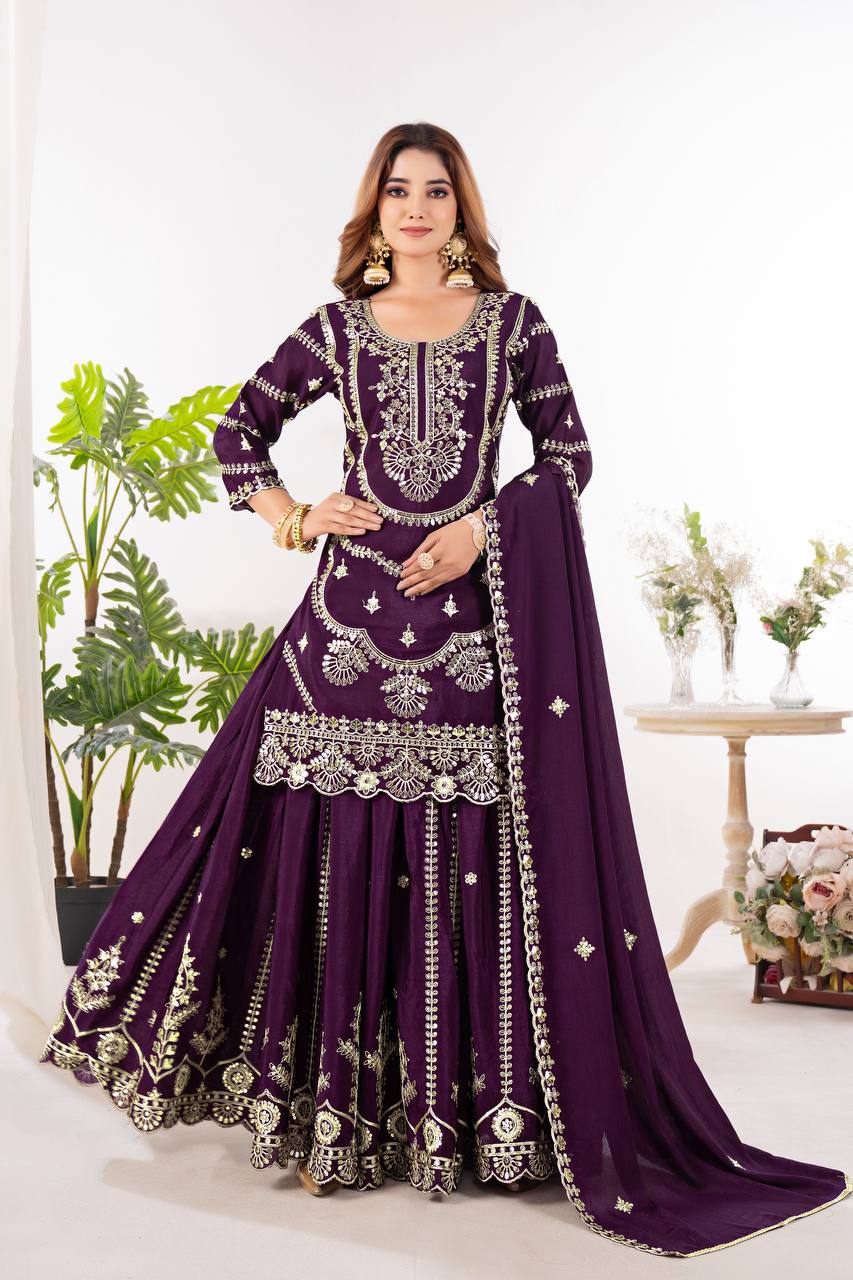 Wedding wear chinnon silk kurta and flared palazzo with dupatta sets