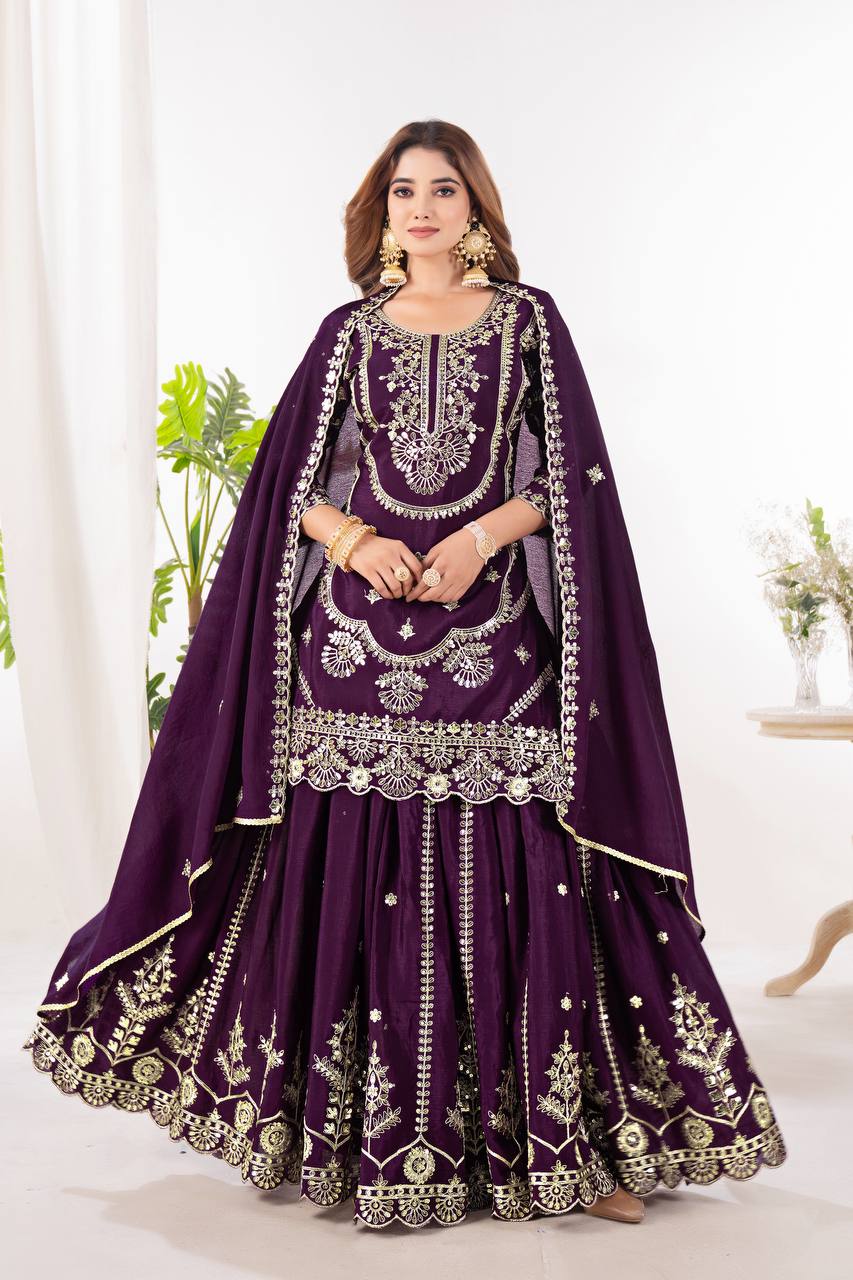 Wedding wear chinnon silk kurta and flared palazzo with dupatta sets