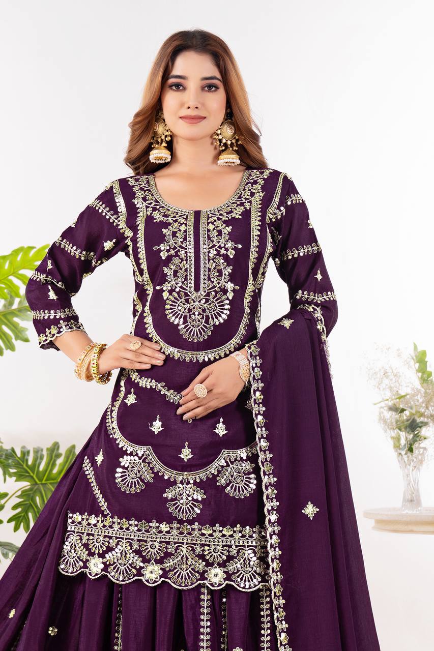 Wedding wear chinnon silk kurta and flared palazzo with dupatta sets