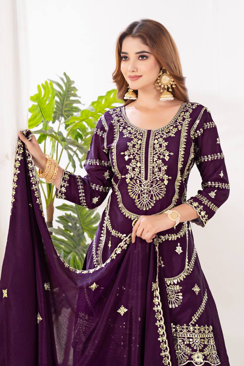 Wedding wear chinnon silk kurta and flared palazzo with dupatta sets