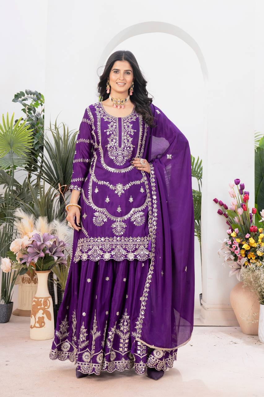 Wedding wear chinnon silk kurta and flared palazzo with dupatta sets