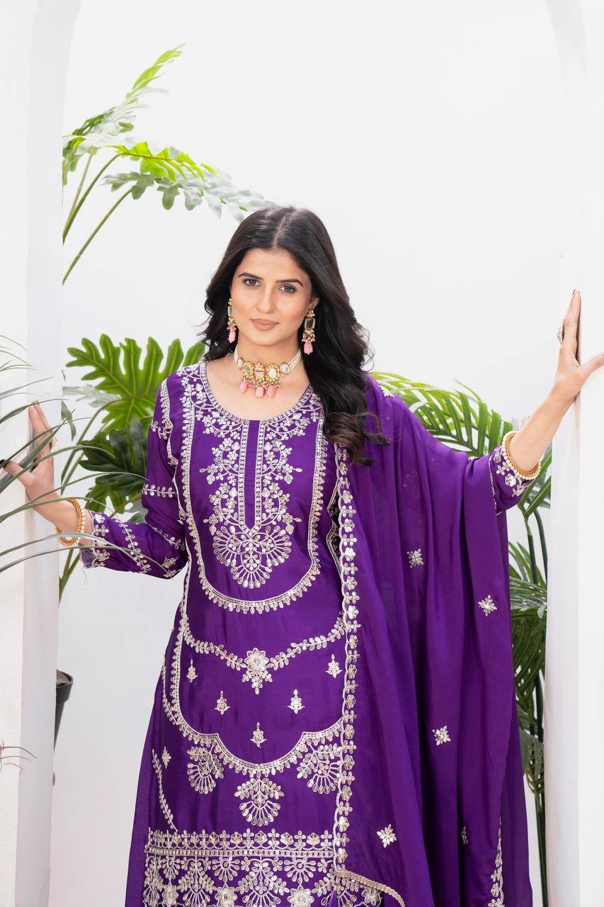 Wedding wear chinnon silk kurta and flared palazzo with dupatta sets