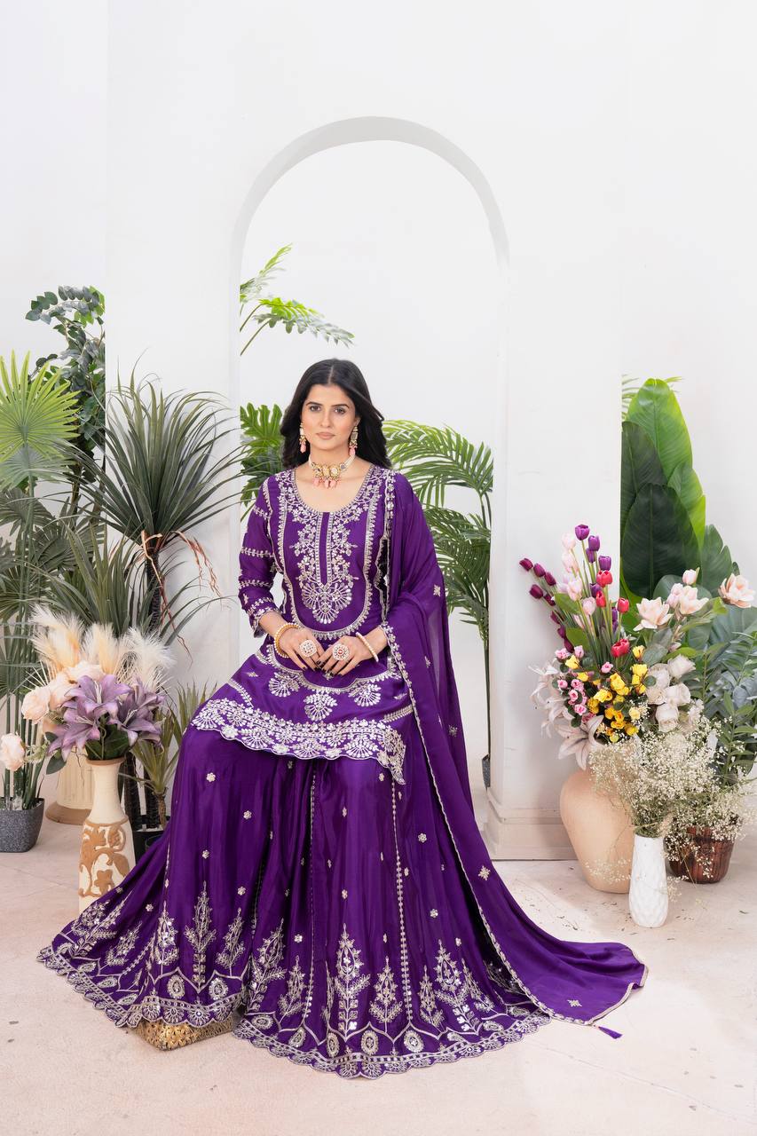 Wedding wear chinnon silk kurta and flared palazzo with dupatta sets