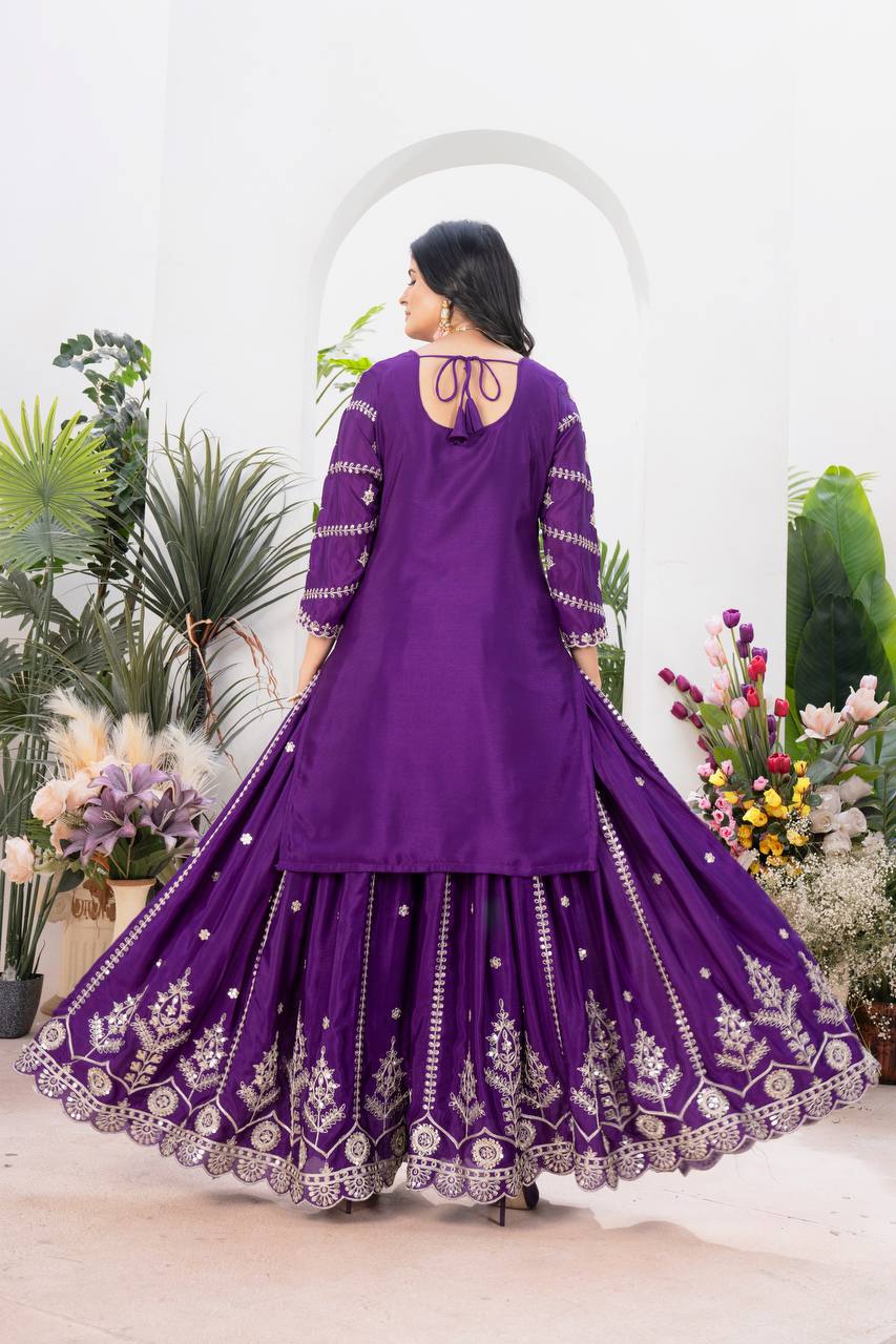 Wedding wear chinnon silk kurta and flared palazzo with dupatta sets