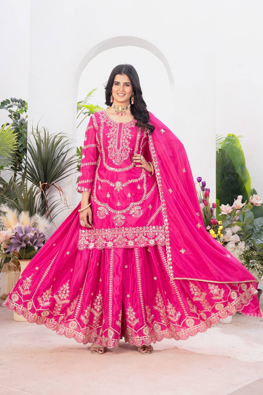Wedding wear chinnon silk kurta and flared palazzo with dupatta sets