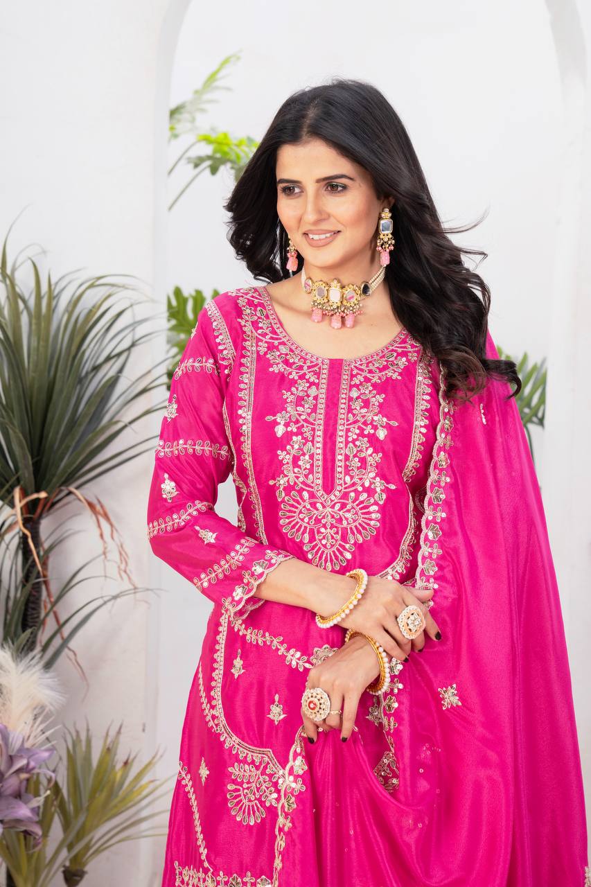 Wedding wear chinnon silk kurta and flared palazzo with dupatta sets