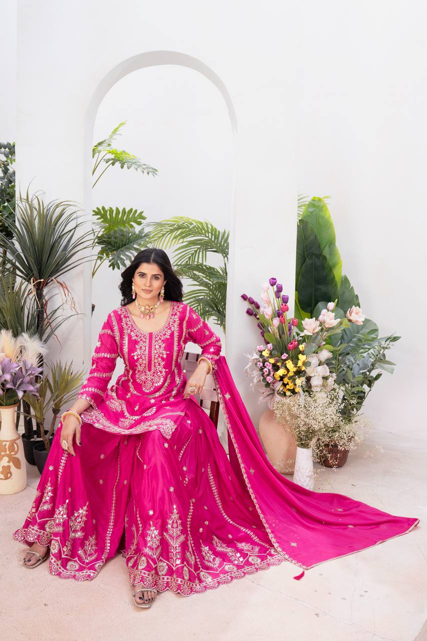 Wedding wear chinnon silk kurta and flared palazzo with dupatta sets