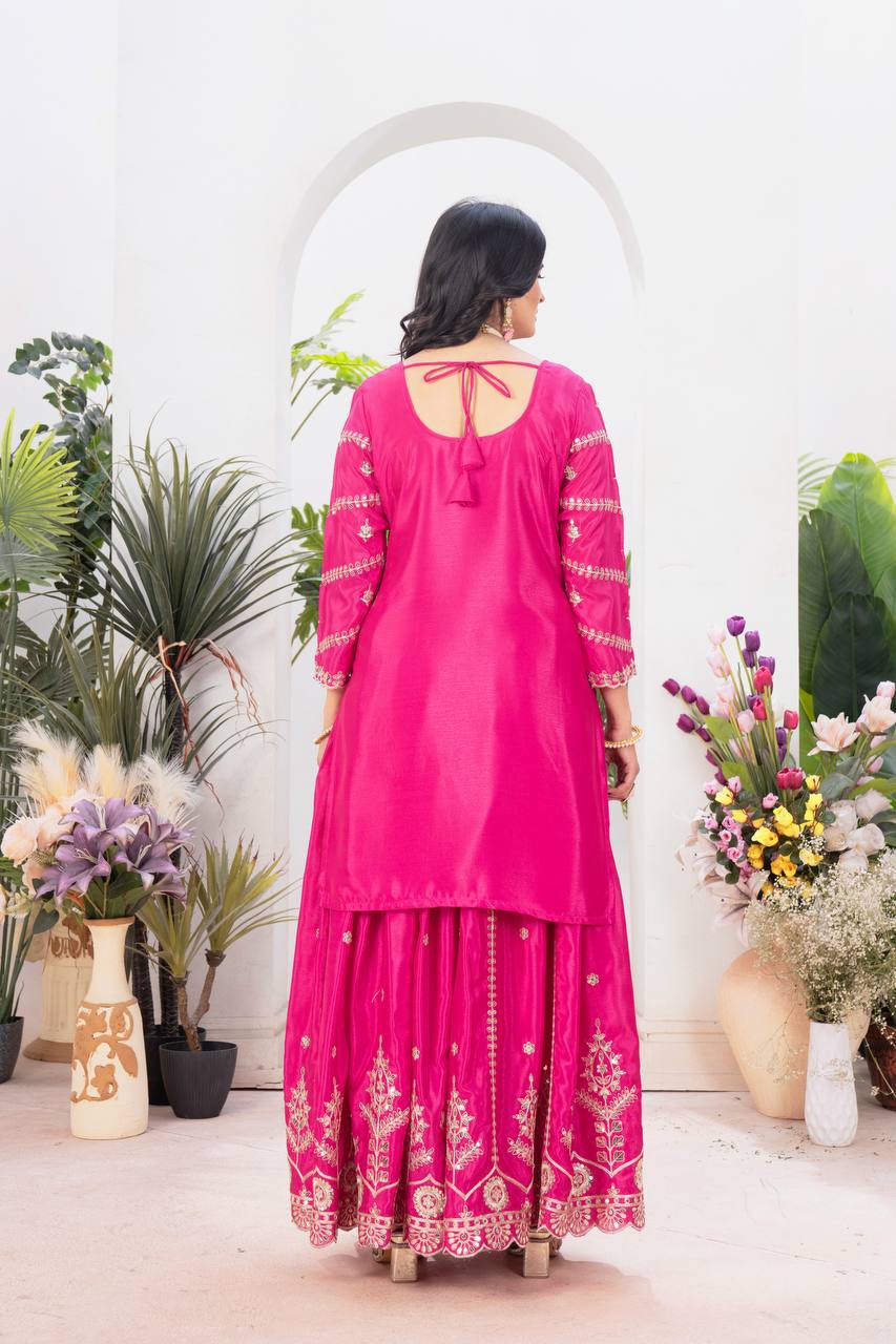 Wedding wear chinnon silk kurta and flared palazzo with dupatta sets