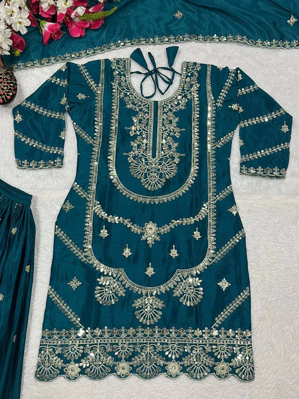 Wedding wear chinnon silk kurta and flared palazzo with dupatta sets