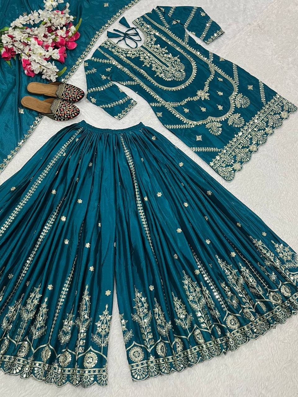 Wedding wear chinnon silk kurta and flared palazzo with dupatta sets