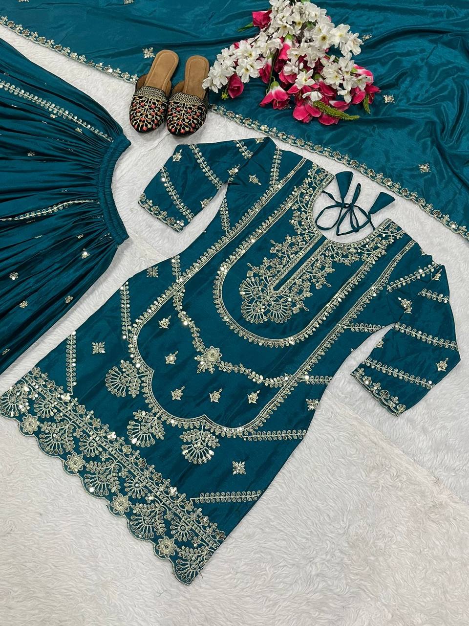 Wedding wear chinnon silk kurta and flared palazzo with dupatta sets