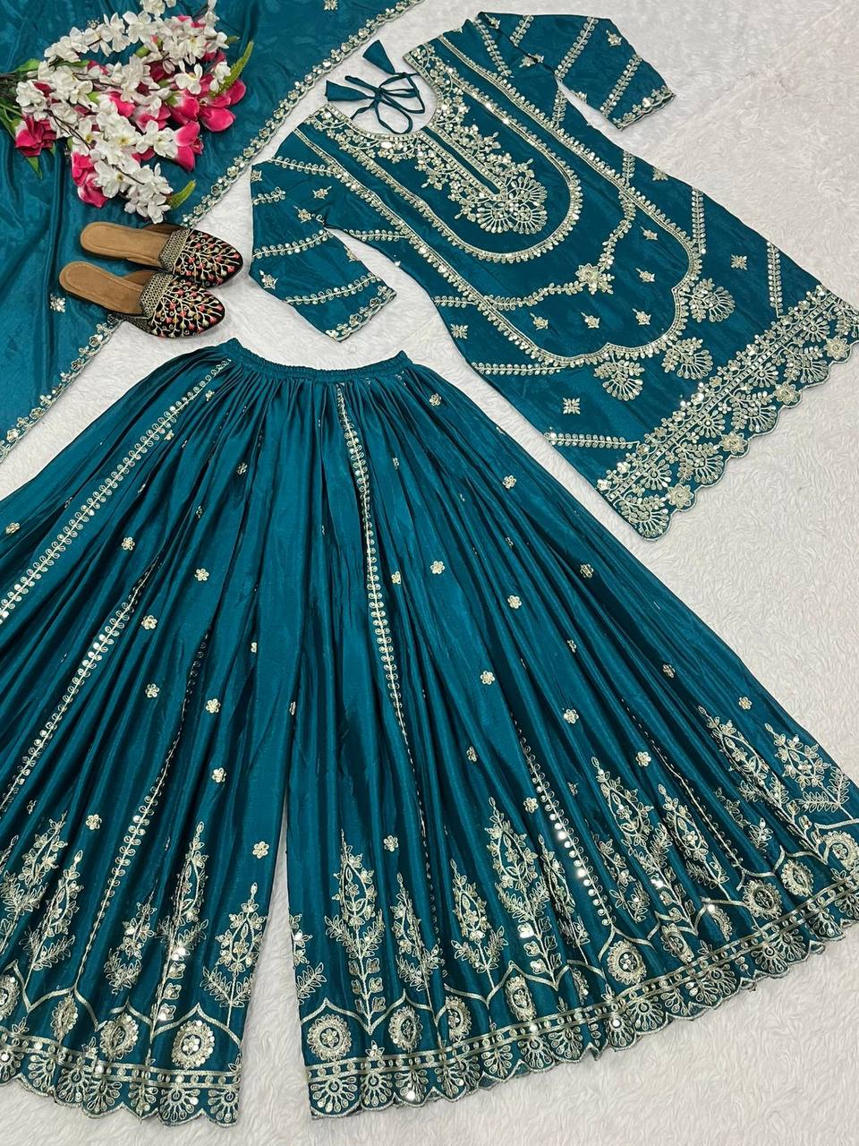 Wedding wear chinnon silk kurta and flared palazzo with dupatta sets