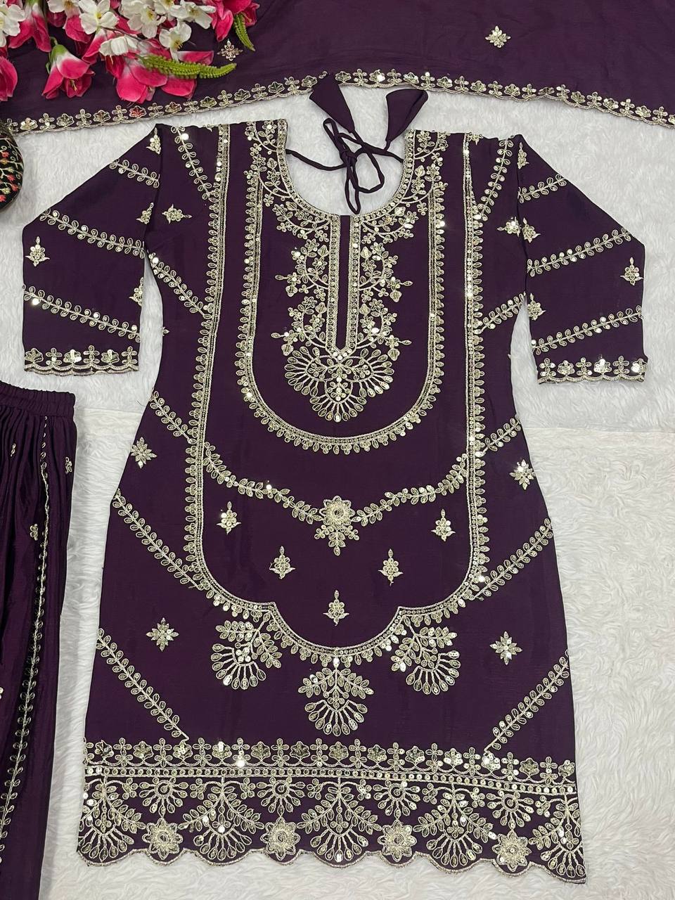 Wedding wear chinnon silk kurta and flared palazzo with dupatta sets