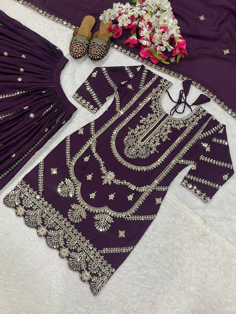 Wedding wear chinnon silk kurta and flared palazzo with dupatta sets