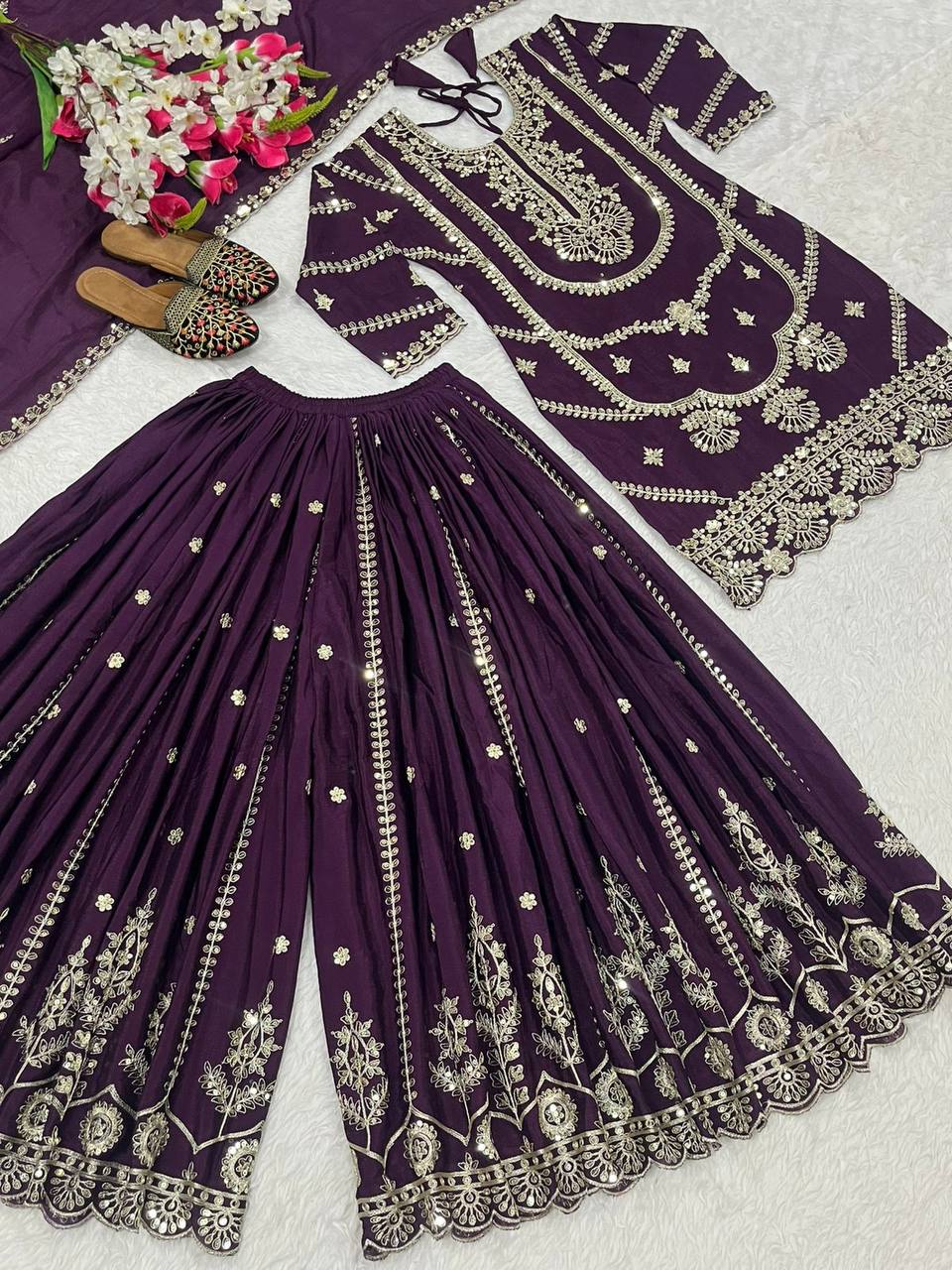 Wedding wear chinnon silk kurta and flared palazzo with dupatta sets