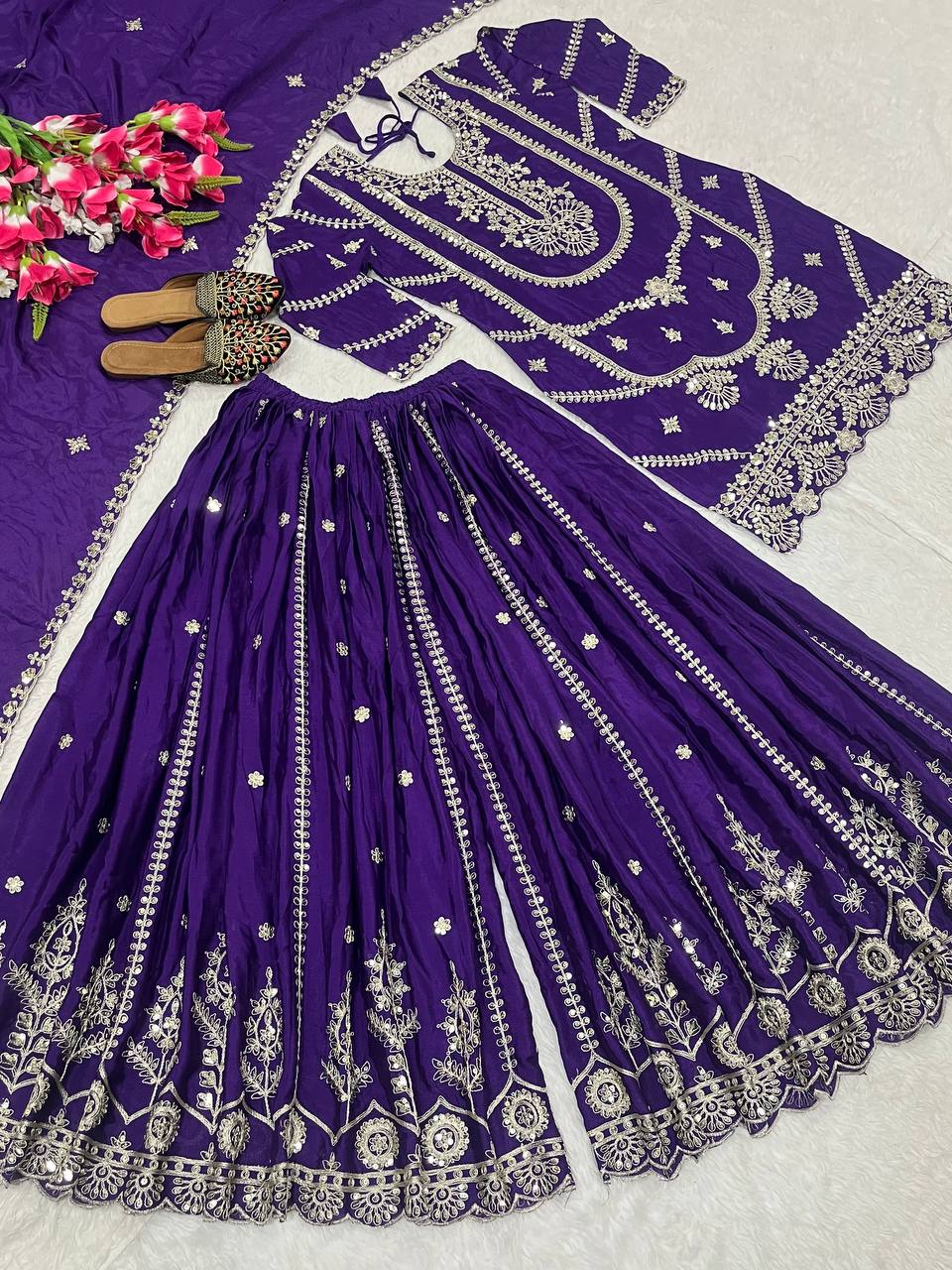 Wedding wear chinnon silk kurta and flared palazzo with dupatta sets