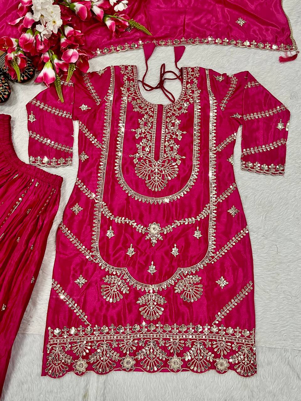 Wedding wear chinnon silk kurta and flared palazzo with dupatta sets