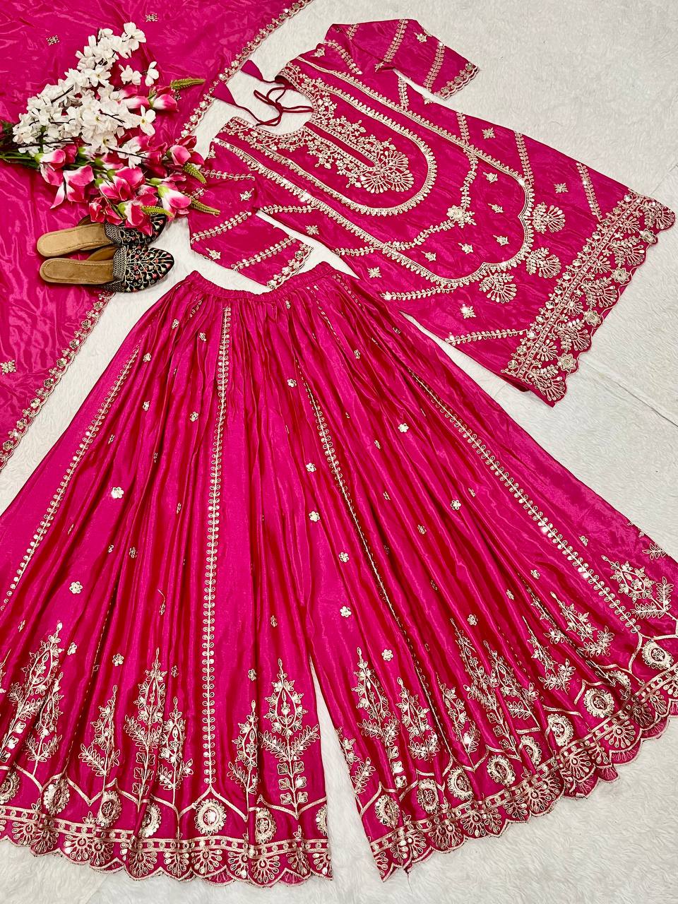 Wedding wear chinnon silk kurta and flared palazzo with dupatta sets