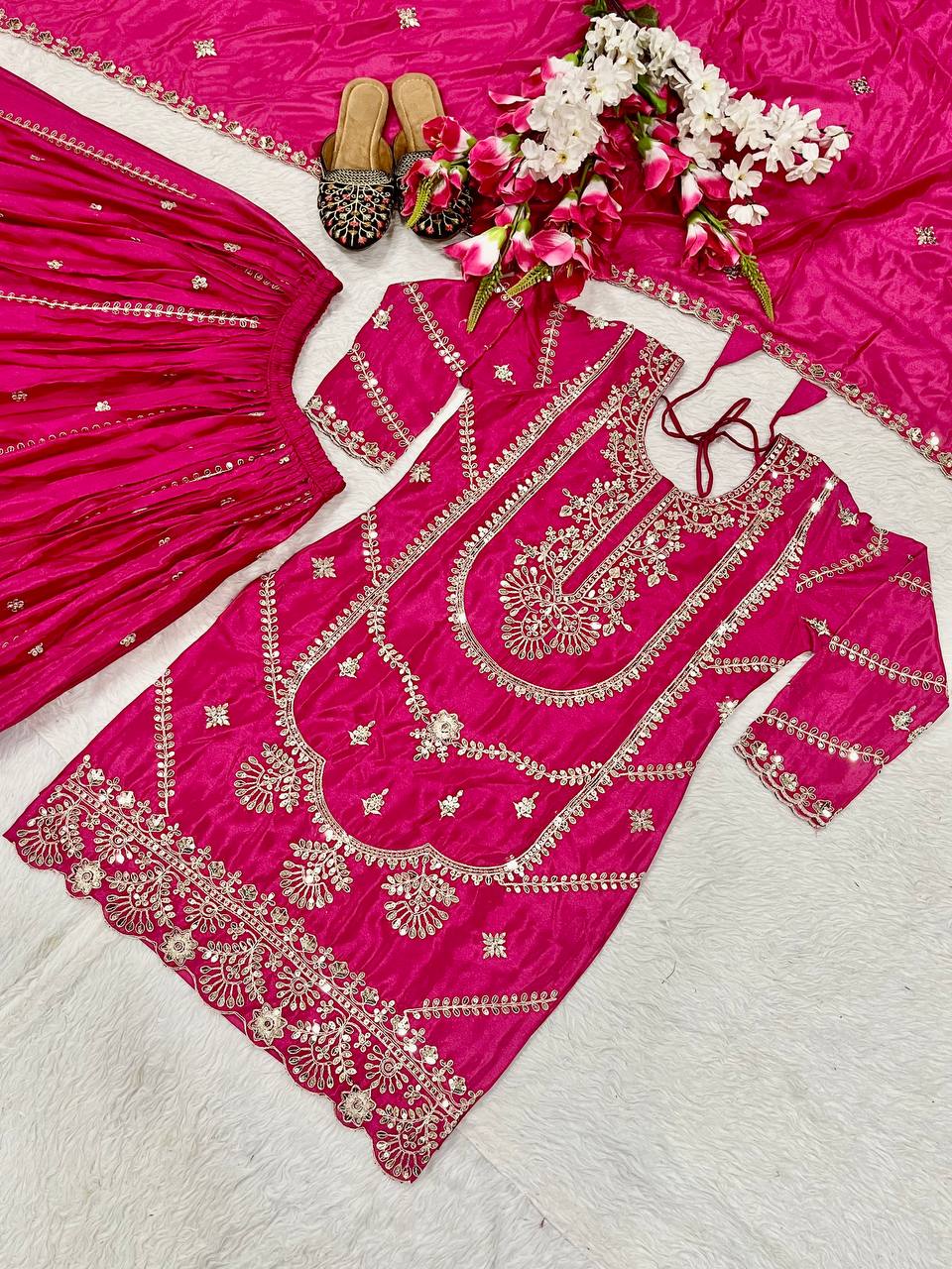 Wedding wear chinnon silk kurta and flared palazzo with dupatta sets
