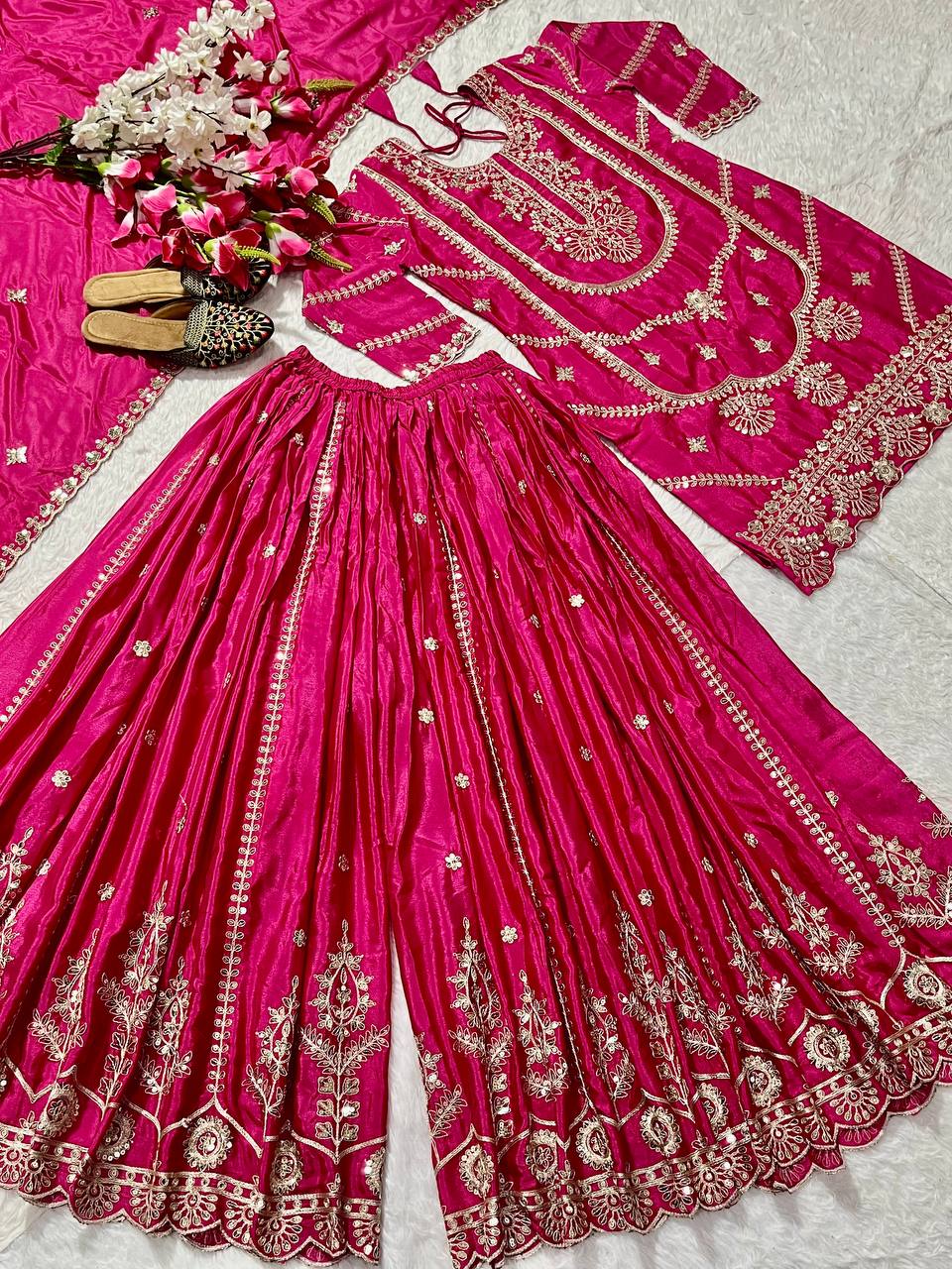 Wedding wear chinnon silk kurta and flared palazzo with dupatta sets