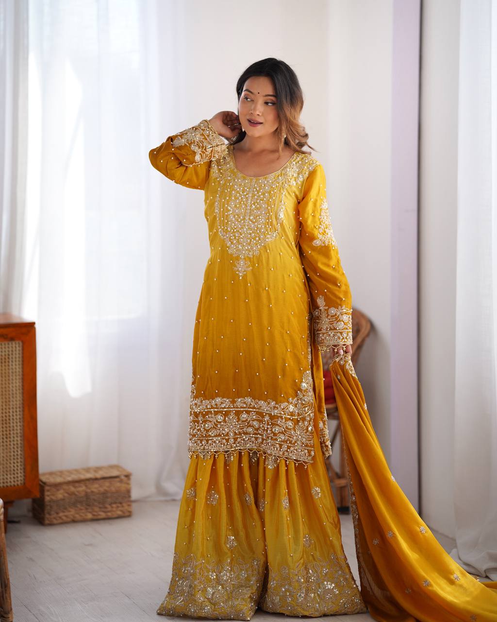 Codeing Dori with Sequnce with Rivet Moti Kurta Sharara Set