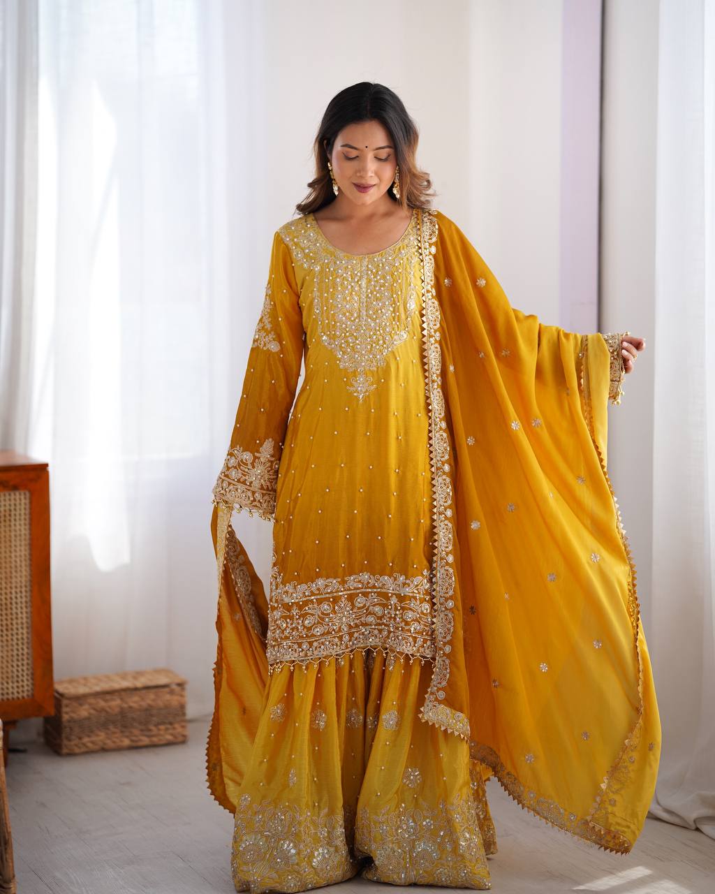 Codeing Dori with Sequnce with Rivet Moti Kurta Sharara Set