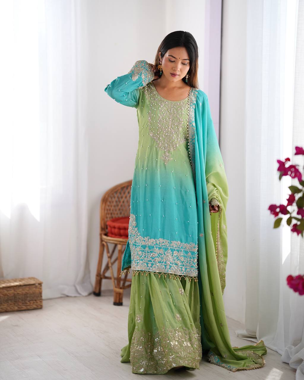Codeing Dori with Sequnce with Rivet Moti Kurta Sharara Set