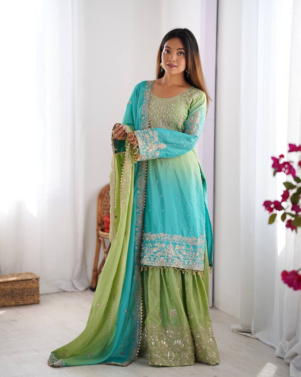 Codeing Dori with Sequnce with Rivet Moti Kurta Sharara Set