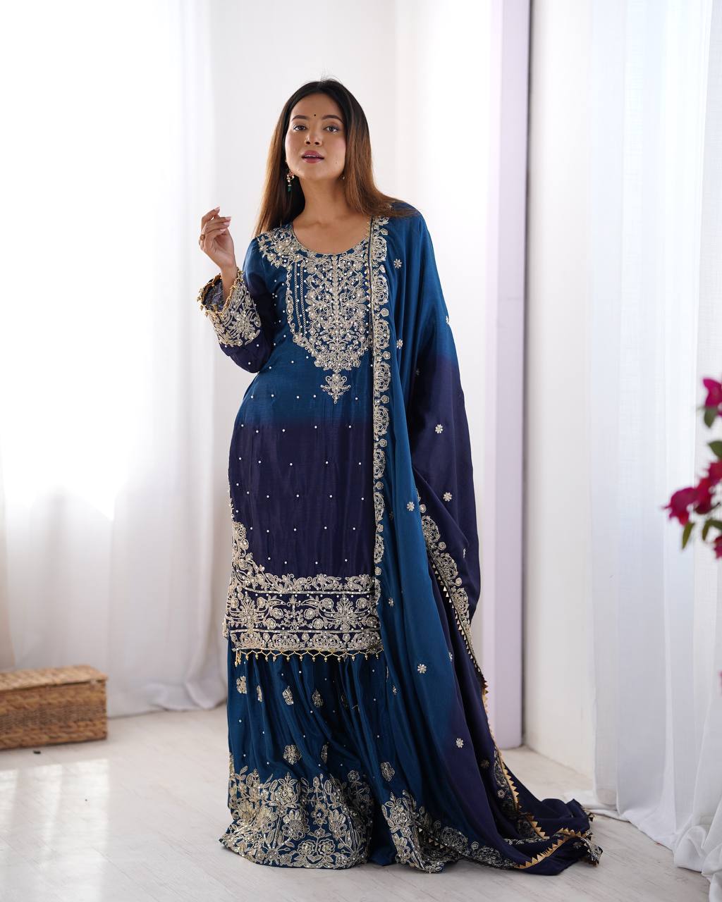 Codeing Dori with Sequnce with Rivet Moti Kurta Sharara Set