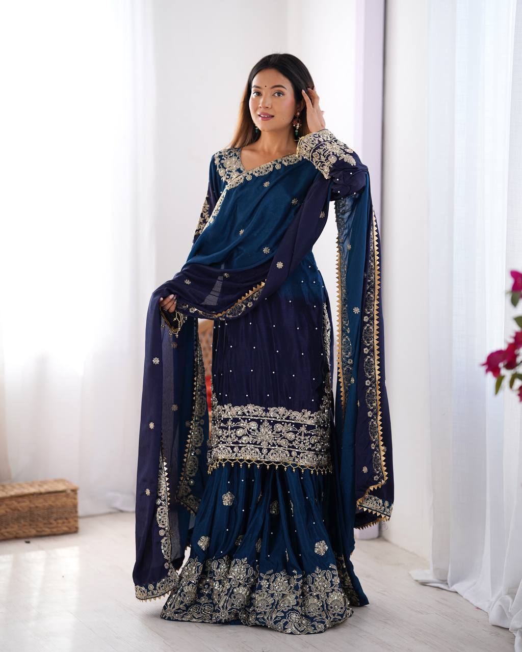 Codeing Dori with Sequnce with Rivet Moti Kurta Sharara Set