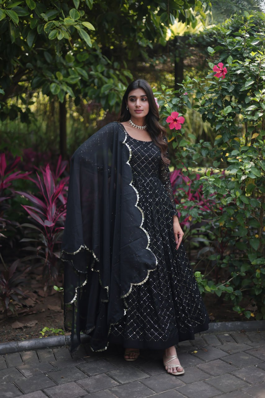 Faux Georgette with Parallel Chex Designed Gown with Dupatta