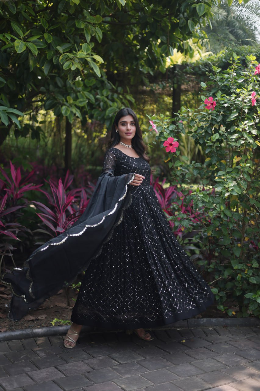 Faux Georgette with Parallel Chex Designed Gown with Dupatta