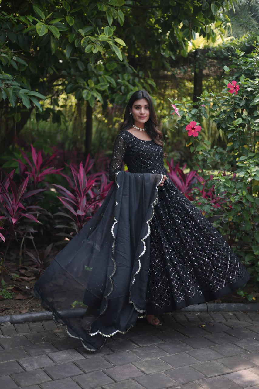 Faux Georgette with Parallel Chex Designed Gown with Dupatta