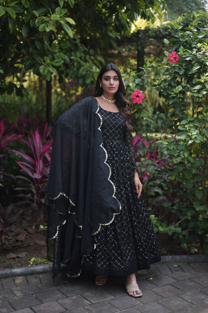 Faux Georgette with Parallel Chex Designed Gown with Dupatta