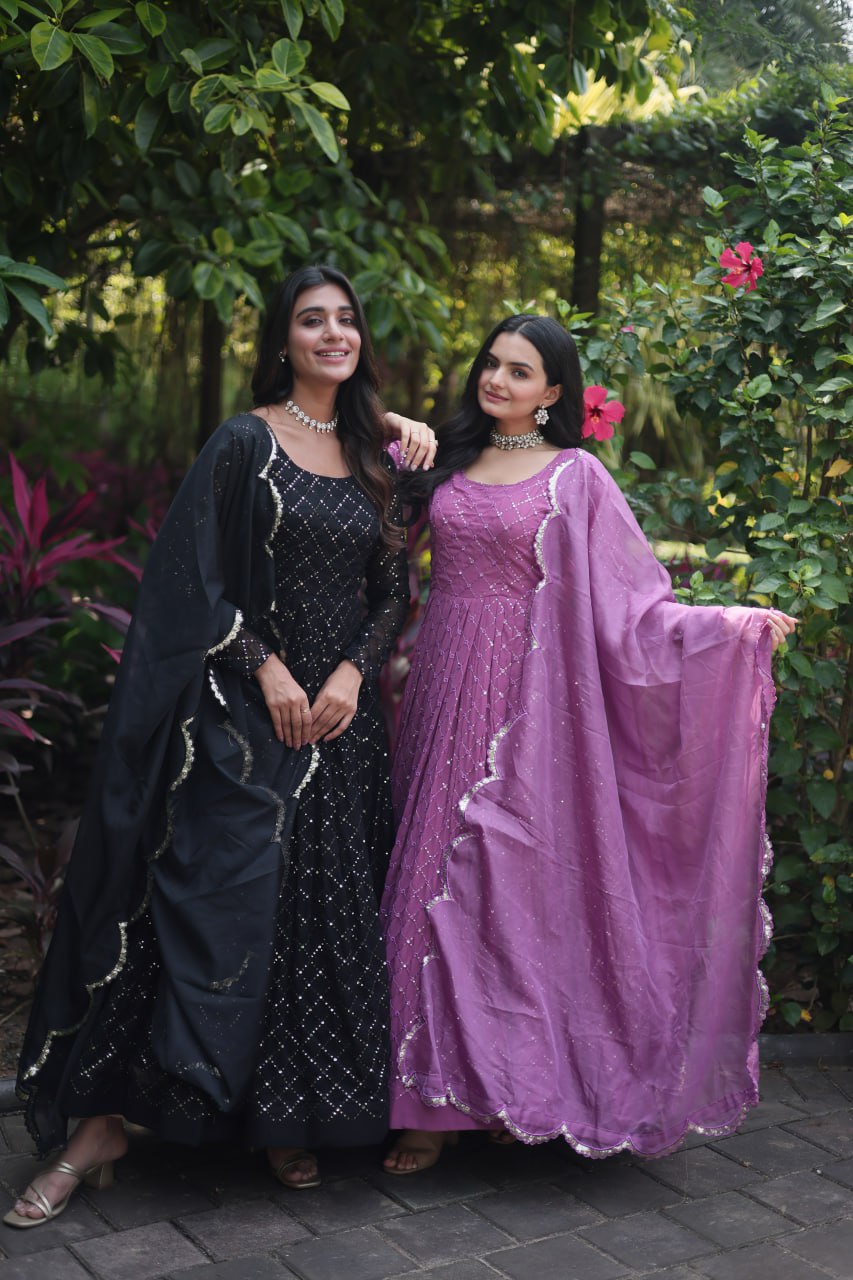 Faux Georgette with Parallel Chex Designed Gown with Dupatta